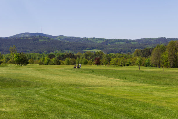 男子站在高尔夫球车附近的绿色高尔夫球场与树木和蓝色的天空。捷克共和国图片下载