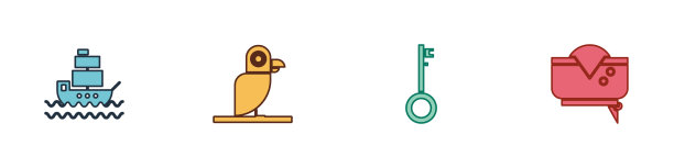 设置船海盗鹦鹉钥匙和帽子图标图片下载