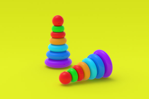 黄色背景上的两座玩具金字塔。孩子的教育。教育游戏。学前教育的发展。三维渲染图片下载