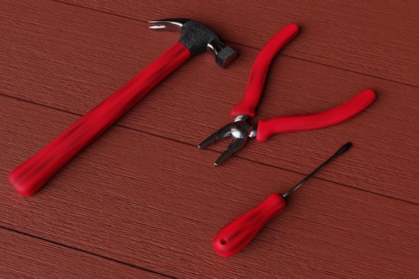 木制背景上的锤子、钳子和螺丝刀。手工具。3 d渲染。图片下载
