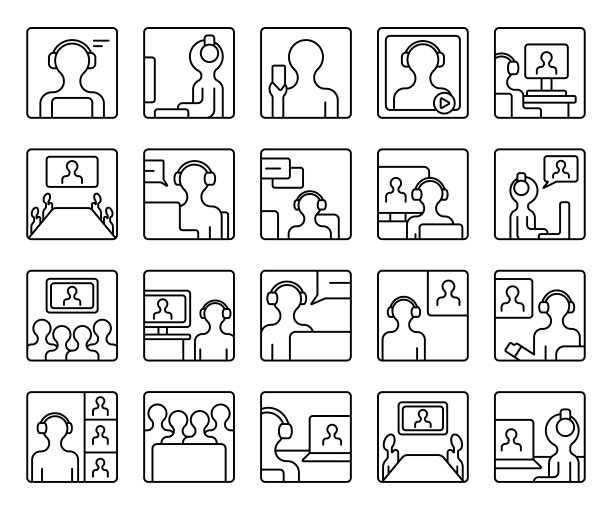 虚拟在线视频会议矢量图标设置孤立在白色背景。图片下载