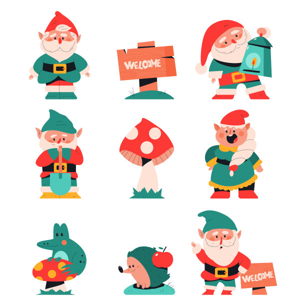 花园地精，雕像和数字矢量卡通设置孤立的白色背景。图片下载