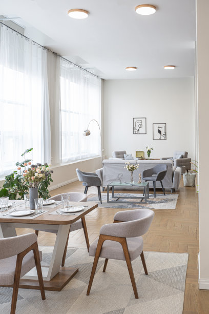 极简主义现代室内设计，宽敞明亮的斯堪的纳维亚风格的开放式公寓，白色、蓝色和深蓝色的柱在中心。包括厨房区域，办公室和休息室图片下载