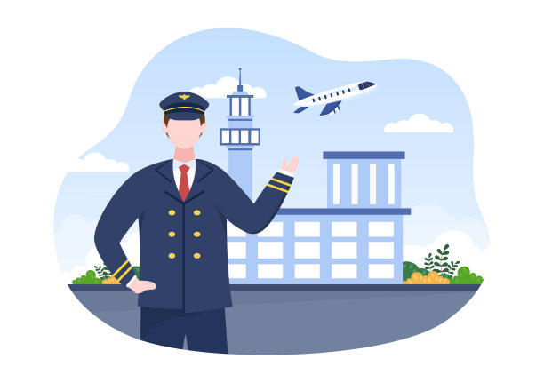 飞行员卡通矢量插图与飞机，空中小姐，城市或机场背景设计图片下载