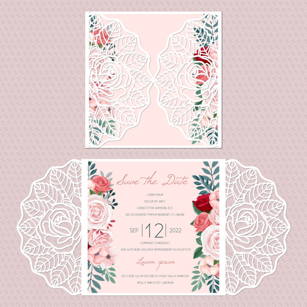 激光切割婚礼邀请卡模板矢量与玫瑰内部卡。剪纸门折叠卡片与玫瑰图案。图片下载
