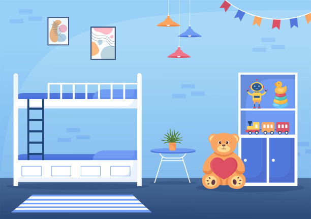 舒适的孩子卧室内部家具像床，玩具，衣柜，床头柜，花瓶，吊灯在卡通矢量插图的现代风格图片下载