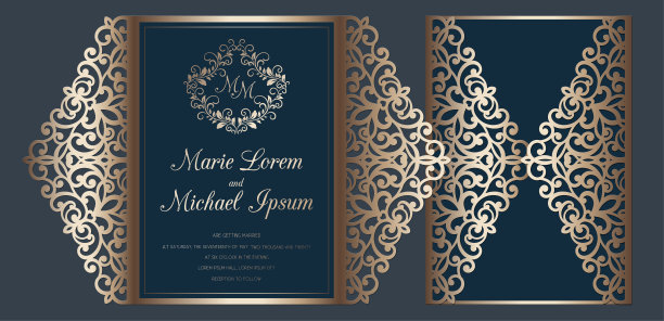 激光切割婚礼邀请门折叠卡模板矢量。有花边图案的剪纸卡。图片下载