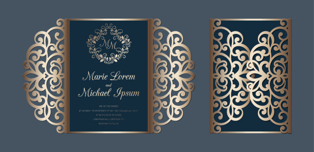 激光切割婚礼邀请门折叠卡模板矢量。有花边图案的剪纸卡。图片下载