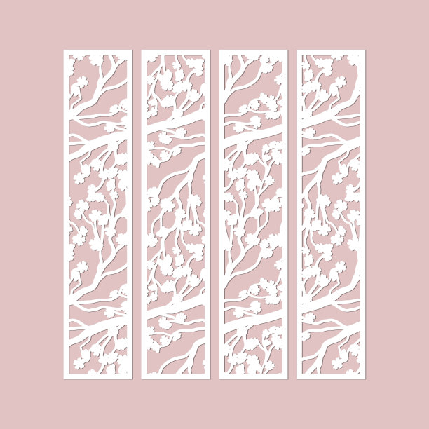 激光切割矢量边界设置樱花分枝图案。剪纸，剪花书签。图片下载