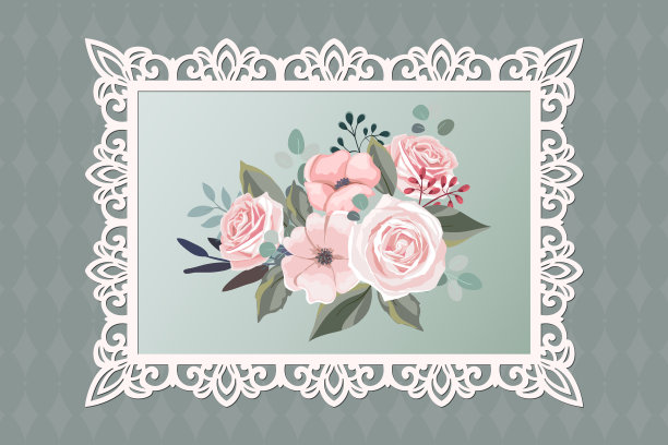激光切割花边矩形框，矢量模板。装饰剪纸相框与图案。古董背景与鲜花内剪出框架。图片下载