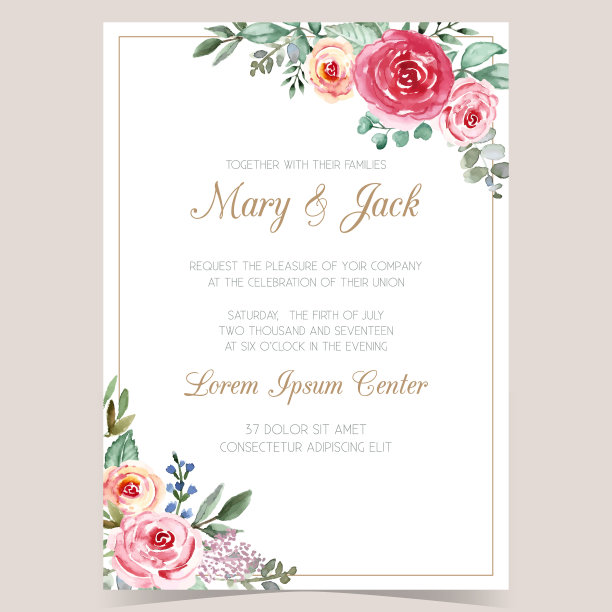 婚礼邀请模板与水彩玫瑰，感谢卡，保存日期，婴儿淋浴，菜单，传单，横幅模板。水彩温和的背景邀请或贺卡。图片下载