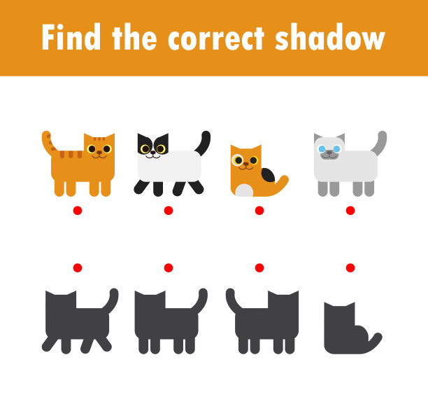 找到正确的影子。儿童教育游戏，儿童影子匹配游戏，儿童视觉游戏。连接点图片，教育矢量插图。图片下载
