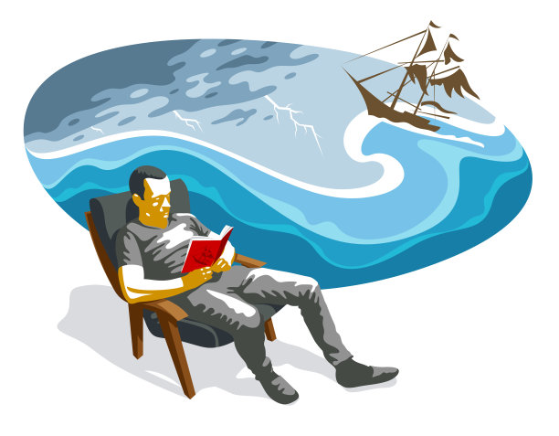 年轻人阅读冒险书关于海洋和海上航行的帆船矢量插图孤立，小说文学关于旧时代的冒险。图片下载