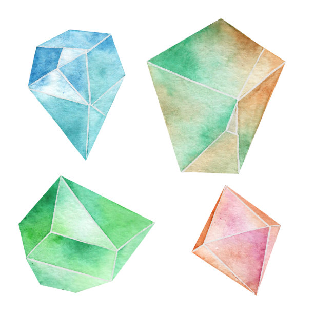 水彩套彩色水晶。宝石。孤立在白色背景。图片下载