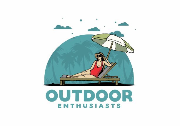 在有雨伞插图的沙滩椅上放松图片下载