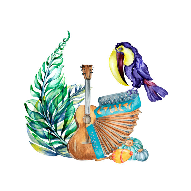 巨嘴鸟，吉他，手风琴，棕榈水彩画。节日Junina插图图片下载