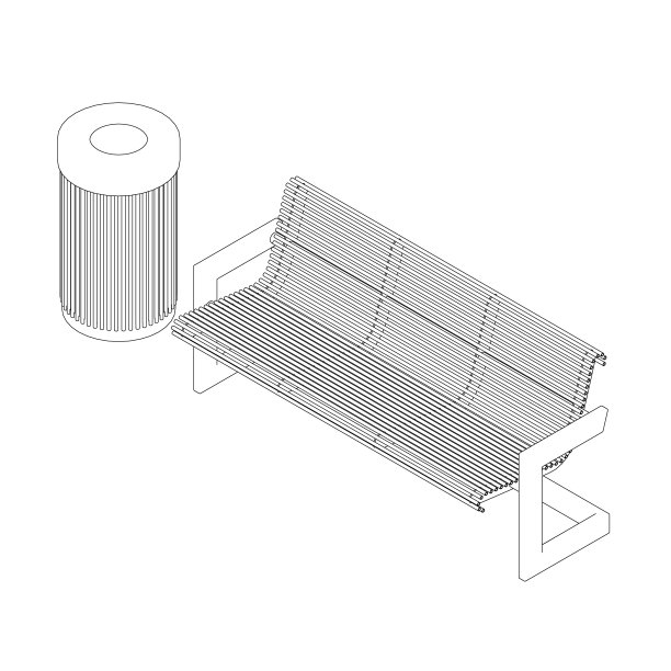 街道长凳的轮廓与一个垃圾桶从黑线孤立在一个白色的背景。等距视图。矢量插图。图片下载