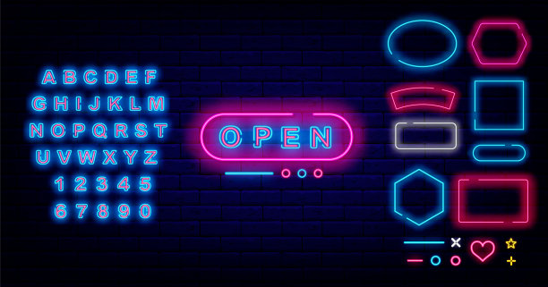 开放的霓虹灯。商店、咖啡厅、酒吧欢迎标志。闪亮的蓝色的字母。向量股票插图图片下载