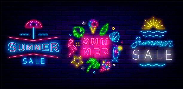 夏季销售霓虹灯招牌收集。圆模板。季节的象征。向量股票插图图片下载