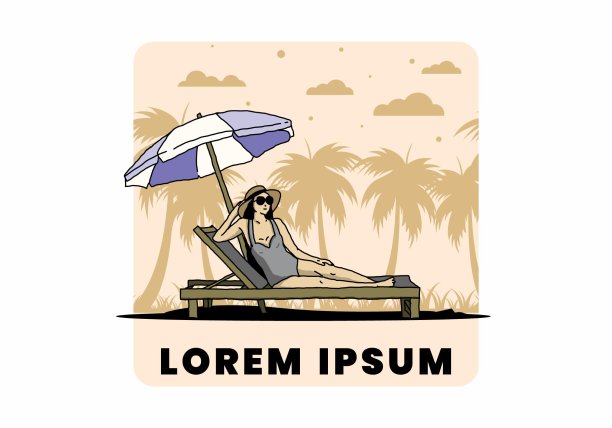 在有雨伞插图的沙滩椅上放松图片下载