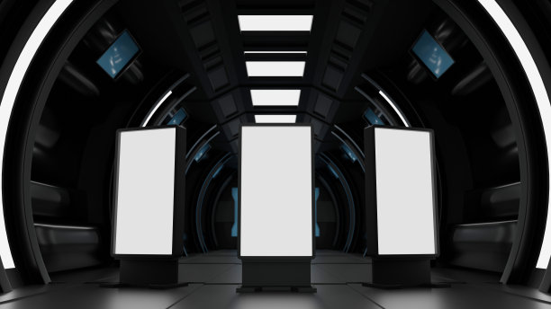 空白模拟垂直广告牌或液晶屏幕地板站在宇宙飞船或空间站内部，科幻隧道，3D渲染。图片下载