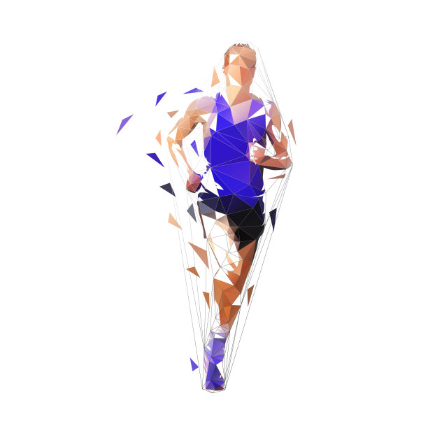 跑步者，前视图孤立多边形矢量插图，马拉松运动员的抽象几何绘图紫色衬衫图片下载