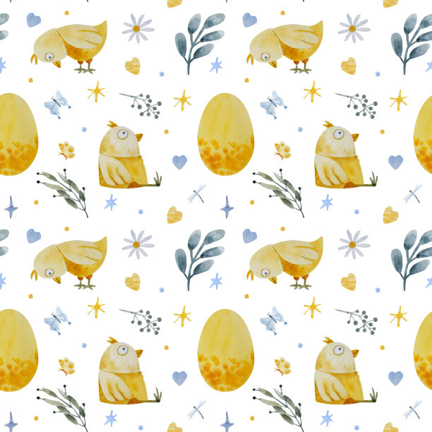 复活节无缝图案手绘可爱的鸡，复活节蛋，蝴蝶和心。水彩，美丽，无缝复活节背景图片下载