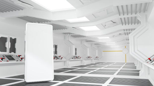 宇宙飞船或空间站内部的智能手机，科幻隧道，网上市场，网上银行，3D渲染。图片下载