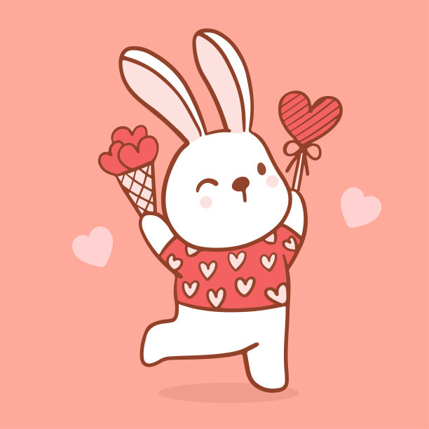 大孤立手绘卡通矢量人物设计兔子在爱，涂鸦风格的情人节概念动物平面矢量插图图片下载
