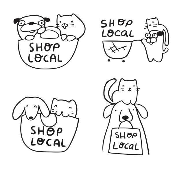 当地购物。轮廓图标的集合。狗和猫。图片下载