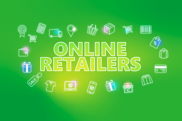网上零售商-电子商务网页横幅上的绿色背景。图片下载