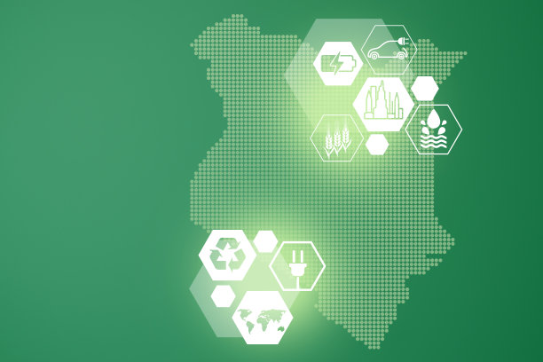 节能的概念。能源创新与未来工业发电图标图形界面。绿色背景的肯尼亚互动地图图片下载