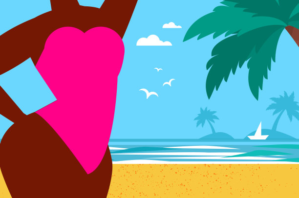 你好,夏天。时间旅行。快乐的年轻女子深色皮肤在热带海滩上穿着粉红色泳衣。夏季。大海，天空，棕榈树和美丽的海滩。图片下载