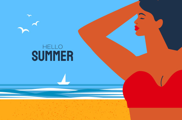 你好,夏天。时间旅行。快乐的年轻女子晒伤皮肤在热带海滩穿红色泳衣。夏季。大海，天空，棕榈树和美丽的海滩。图片下载