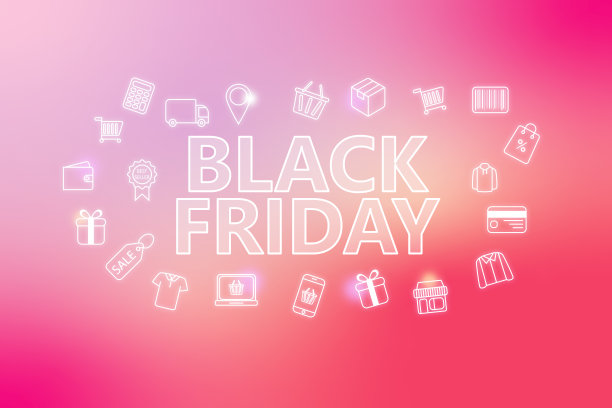 黑色星期五-电子商务网页横幅在粉红色的背景。各种购物图标。图片下载