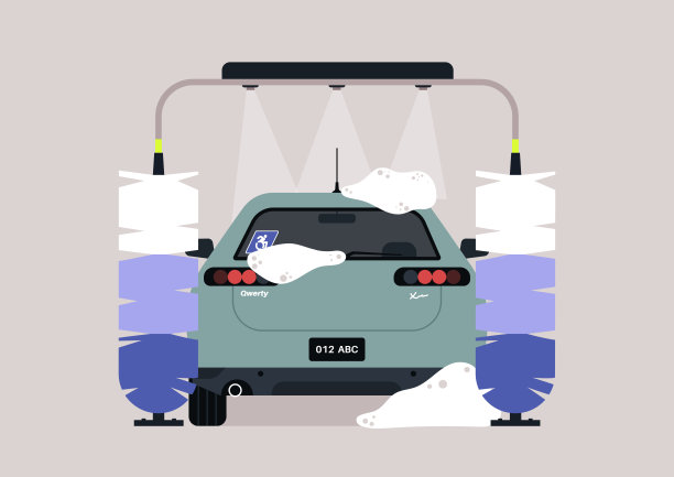 有大刷子和淋浴喷头的自动洗车服务，罕见的窗户上贴着残疾贴纸图片下载