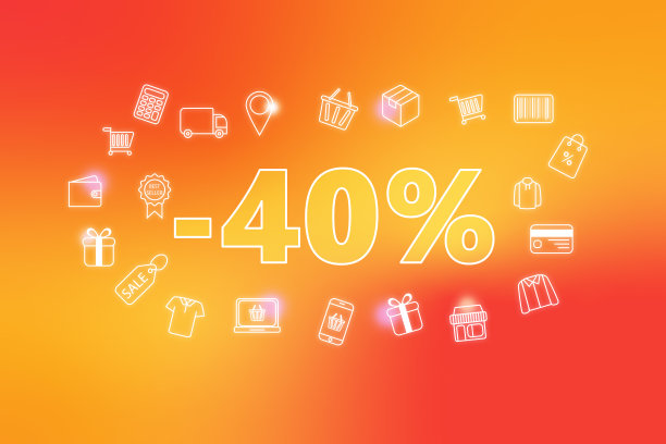 彩色霓虹灯发光- 40%的折扣标签挂在橙色背景。各种购物图标。图片下载