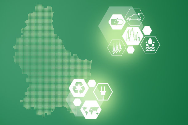 节能的概念。能源创新与未来工业发电图标图形界面。绿色背景的卢森堡互动地图图片下载