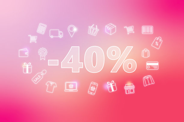 彩色霓虹灯发光- 40%的折扣标签挂在粉红色的背景。图片下载