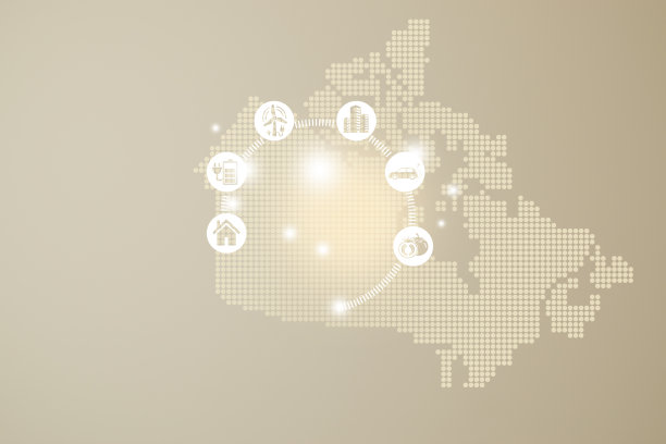 节能的概念。能源创新与未来工业发电图标图形界面。互动地图上的加拿大米色背景图片下载