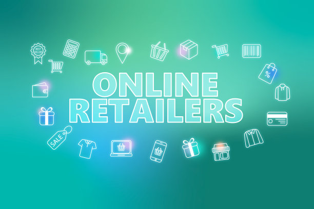 在线零售商-电子商务网页横幅上的绿松石背景。各种购物图标。图片下载