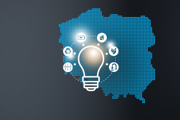 节能的概念。能源创新与未来工业发电图标图形界面。蓝色背景的波兰互动地图图片下载