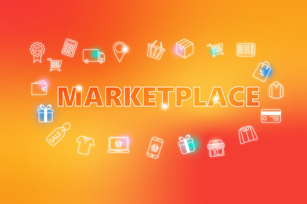 市场-电子商务网站橙色的背景。各种购物图标。图片下载