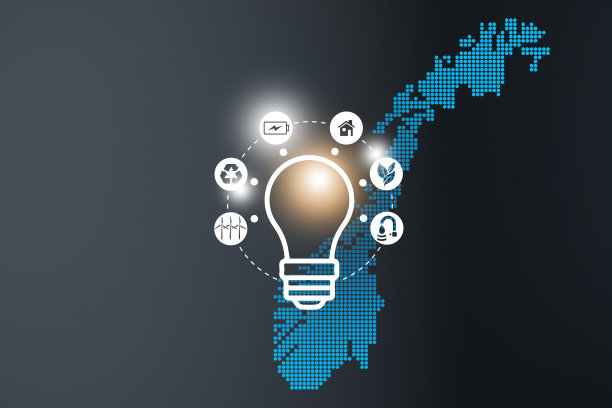 节能的概念。能源创新与未来工业发电图标图形界面。挪威互动地图的蓝色背景图片下载