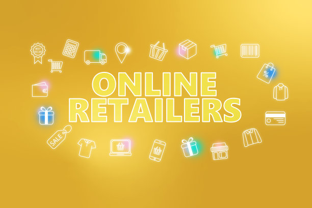 在线零售商-电子商务网页横幅上的金色背景。各种购物图标。图片下载