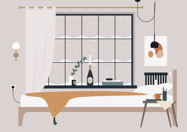 舒适的卧室内部，窗台上放着书和蜡烛图片下载