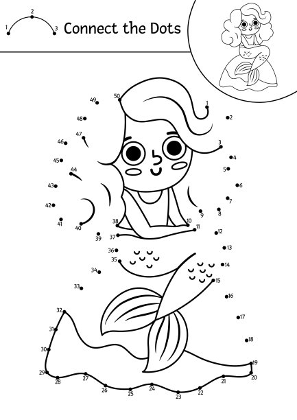 矢量点对点和颜色活动与可爱的美人鱼。金银岛连点游戏的孩子与女孩。海洋冒险彩色页面的孩子。可打印的工作表与数字图片下载