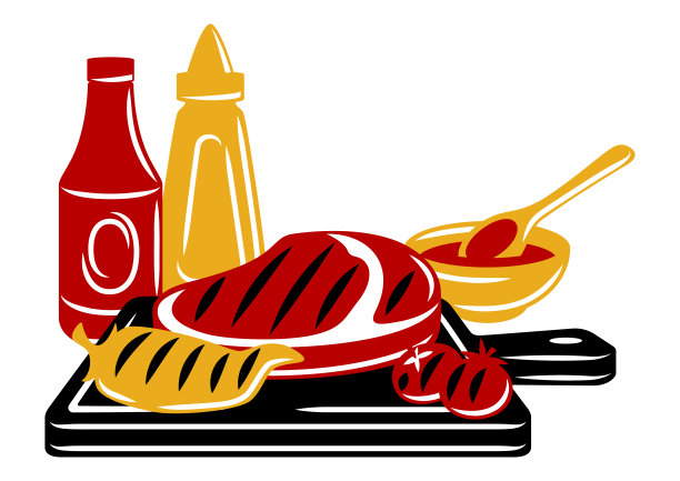 烧烤插图与烧烤对象和图标。程式化的厨房和餐厅项目。图片下载