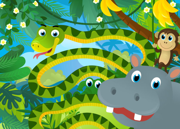 丛林动物在一起的卡通场景插图图片下载