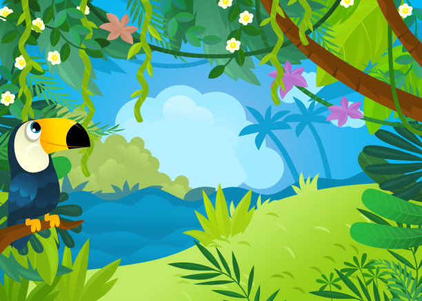 丛林动物在一起的卡通场景插图图片下载